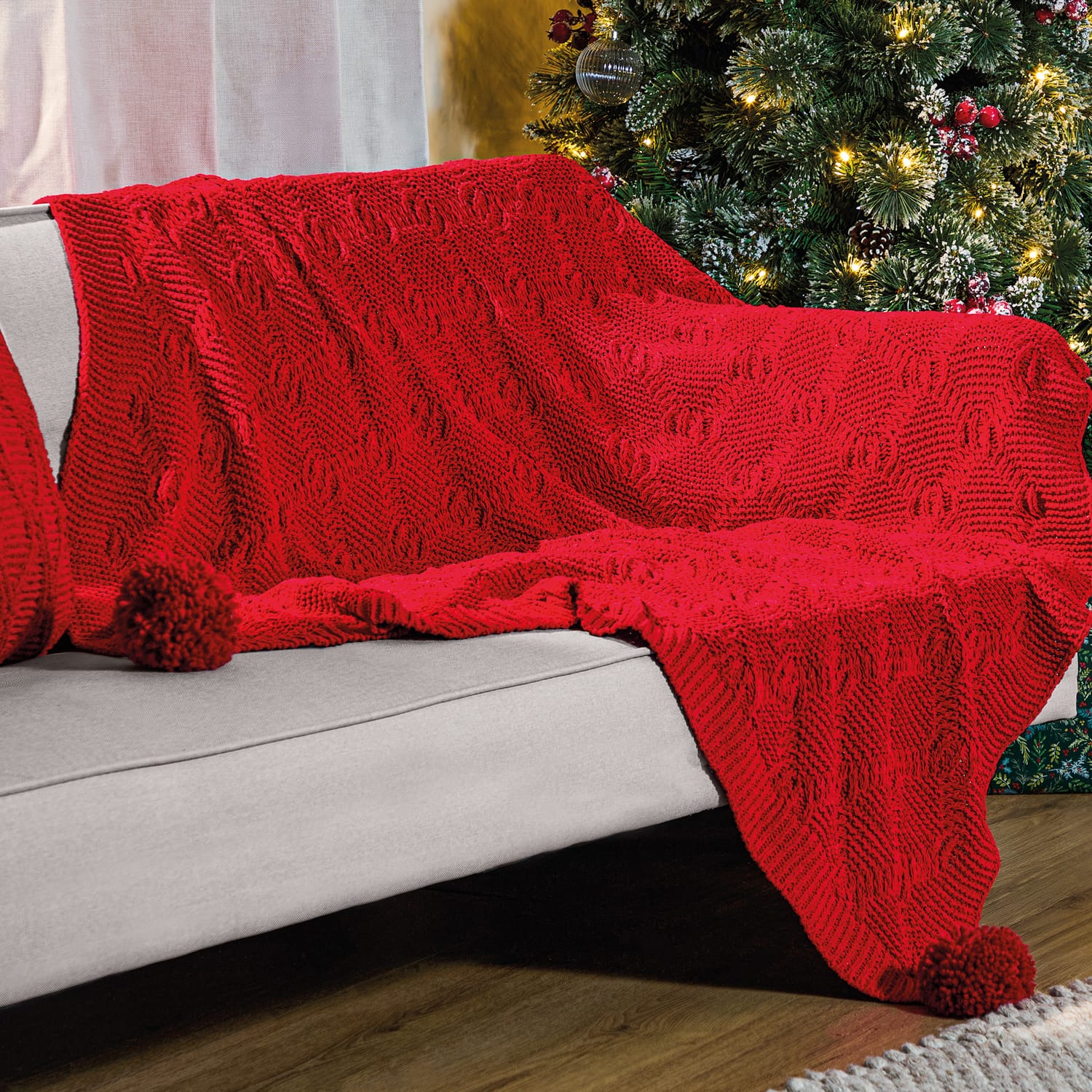 Festive Feeling Chenille Knit Pom Throw - Red